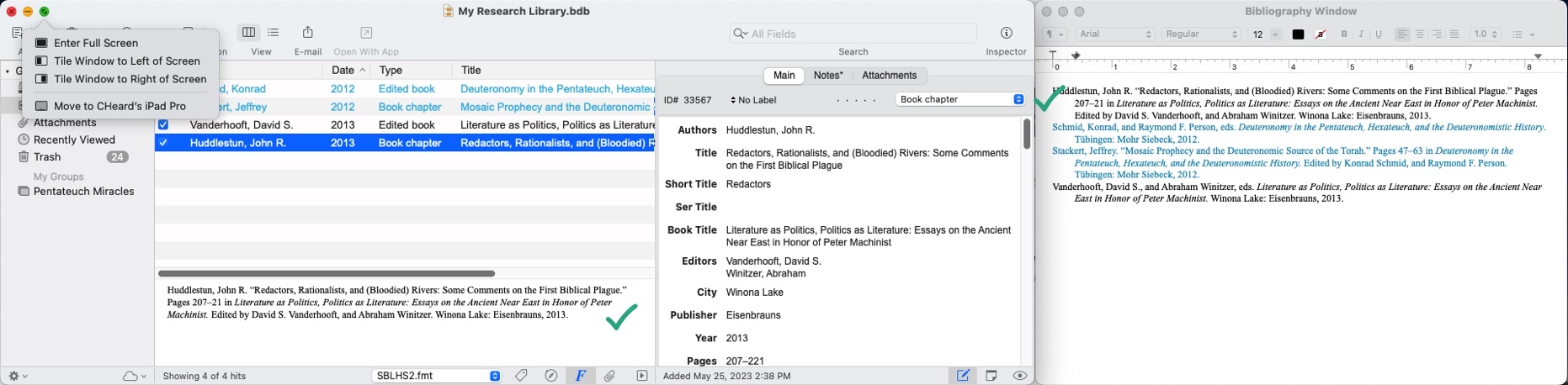 Example of SBLHS2 correctly formatting a book chapter in the Formatted Reference pane