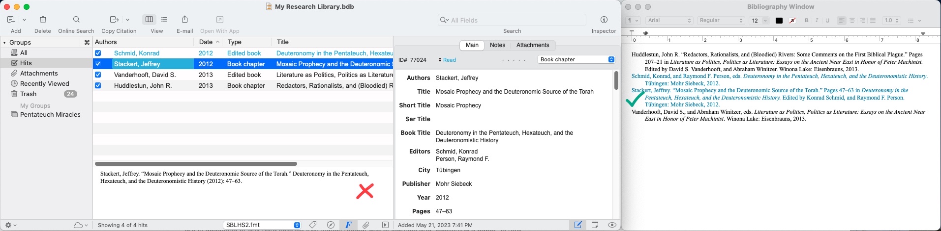 Example of SBLHS2 mis-formatting a book chapter in the Formatted Reference pane